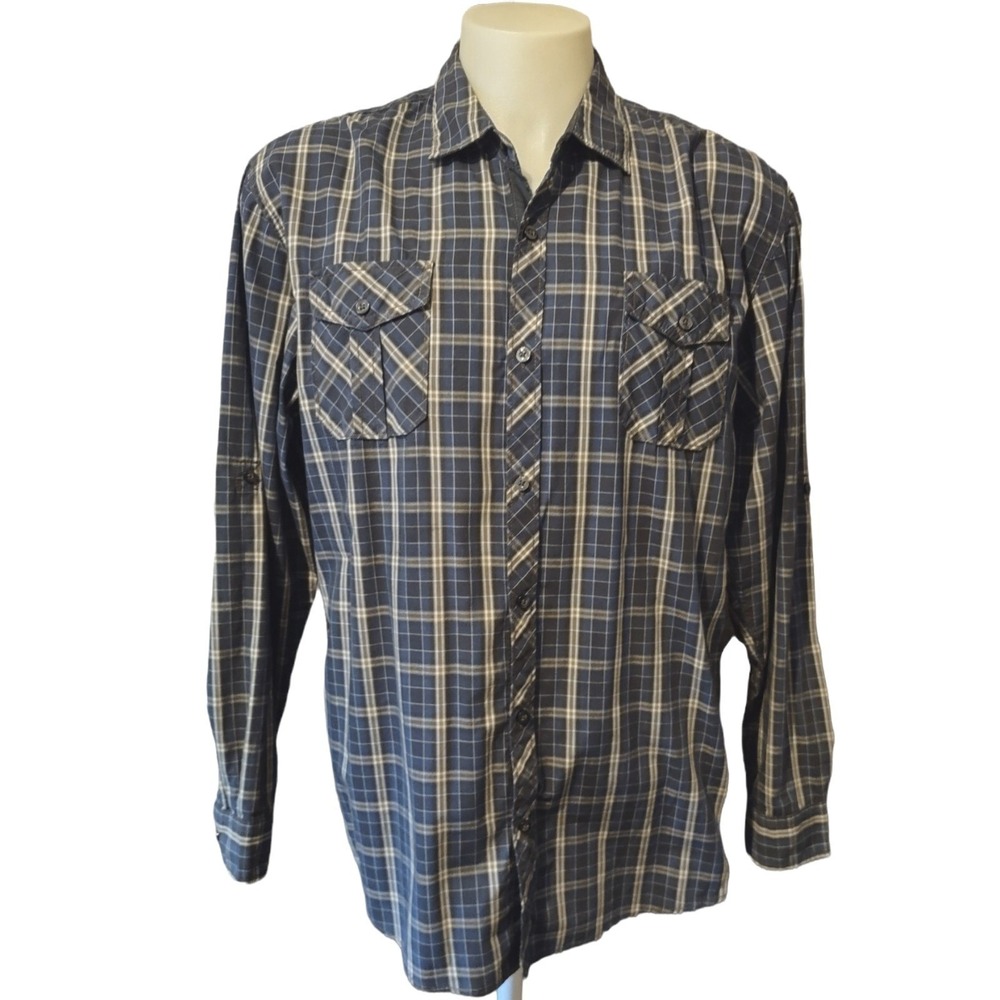 MB Studio Shirt XXL Mens Cabin Core Navy Blue Plaid Button Down Roll Tab Relaxed